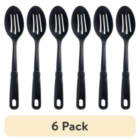 (6 pack) Slotted Plastic Straining Spoon, Soft-Grip Black Handle, Nylon Head